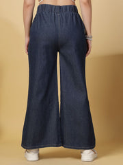 Navy Blue Denim Palazzos – Wide Leg – Cotton Slip-On