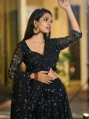 Black Sequinned Embroidered Lehenga – Round Neck – Dupatta Included