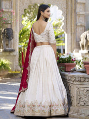 White & Maroon Embroidered Silk Lehenga – V-Neck – Ready to Wear with Dupatta