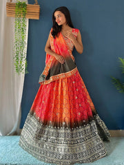 Red & Black Sequinned Embroidered Lehenga – V-Neck – Dupatta Included