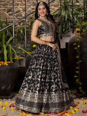 Black & Gold Embroidered Silk Lehenga – Sequinned – Semi-Stitched with Dupatta