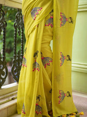 Green & Navy Blue Ethnic Motifs Pure Cotton Saree – No Border – Embroidered