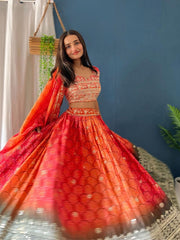 Red & Black Sequinned Embroidered Lehenga – V-Neck – Dupatta Included