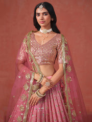 Peach Sequinned Embroidered Lehenga – V-Neck – Dupatta Included