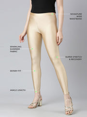 Beige Solid Shimmer Nylon Elastane Leggings – Ankle Length – Slip-On