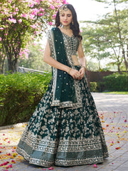 Green Silk Jacquard Lehenga – Sequins & Zari Embroidery – Semi-Stitched with Dupatta