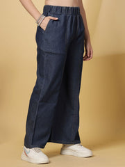 Navy Blue Denim Palazzos – Wide Leg – Cotton Slip-On