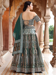 Green & Sea Green Art Silk Lehenga – Off-Shoulder – With Dupatta