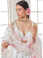 White & Pink Printed Satin Lehenga – V-Neck – Semi-Stitched with Dupatta