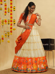 Orange & Gold Zari Lehenga – Semi-Stitched – With Dupatta & Unstitched Blouse