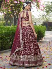 Maroon & Gold Embroidered Silk Lehenga – Sequinned – Semi-Stitched with Dupatta