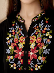 Black Embroidered Short Kurti – Mandarin Collar – Thread Work