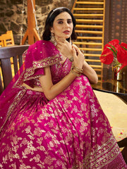 Pink & Gold Embroidered Silk Lehenga – Sequinned – Semi-Stitched with Dupatta