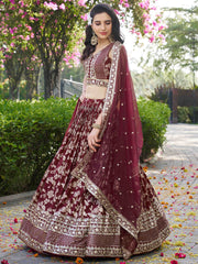 Maroon & Gold Embroidered Silk Lehenga – Sequinned – Semi-Stitched with Dupatta