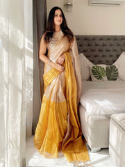 Gold & Beige Colourblocked Tissue Saree – No Border – Printed