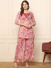 Pink & White Floral Printed Georgette Co-Ord Set – V-Neck – Printed