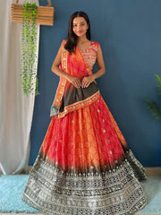 Red & Black Sequinned Embroidered Lehenga – V-Neck – Dupatta Included