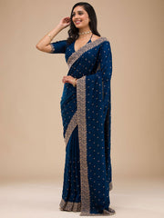 Blue Woven Art Silk Saree – Round Neck – Zari Embroidered Border