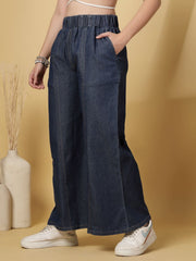Navy Blue Denim Palazzos – Wide Leg – Cotton Slip-On