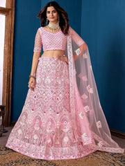 Pink & White Embroidered Net Lehenga – Thread Work – Semi-Stitched with Dupatta