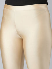Beige Solid Shimmer Nylon Elastane Leggings – Ankle Length – Slip-On