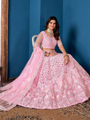 Pink & White Embroidered Net Lehenga – Thread Work – Semi-Stitched with Dupatta