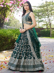 Green Silk Jacquard Lehenga – Sequins & Zari Embroidery – Semi-Stitched with Dupatta