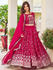 Pink & Silver Embroidered Georgette Lehenga – Sequinned – Semi-Stitched with Dupatta