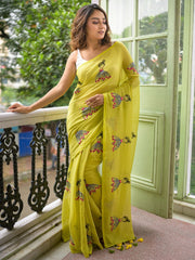 Green & Navy Blue Ethnic Motifs Pure Cotton Saree – No Border – Embroidered