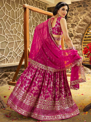 Pink & Gold Embroidered Silk Lehenga – Sequinned – Semi-Stitched with Dupatta