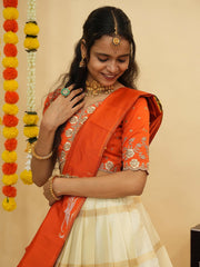 Orange & Gold Zari Lehenga – Semi-Stitched – With Dupatta & Unstitched Blouse
