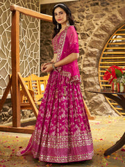 Pink & Gold Embroidered Silk Lehenga – Sequinned – Semi-Stitched with Dupatta