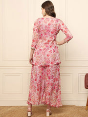 Pink & White Floral Printed Georgette Co-Ord Set – V-Neck – Printed