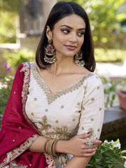 White & Maroon Embroidered Silk Lehenga – V-Neck – Ready to Wear with Dupatta