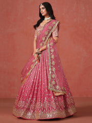 Peach Sequinned Embroidered Lehenga – V-Neck – Dupatta Included