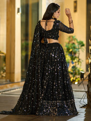 Black Sequinned Embroidered Lehenga – Round Neck – Dupatta Included