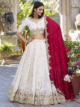 White & Maroon Embroidered Silk Lehenga – V-Neck – Ready to Wear with Dupatta