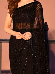 Black Sequinned Embellished Pure Georgette Saree – Embellished Border – Sequinned Work