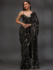 Black & Silver Sequinned Saree – Embellished Border – Georgette Blouse Piece