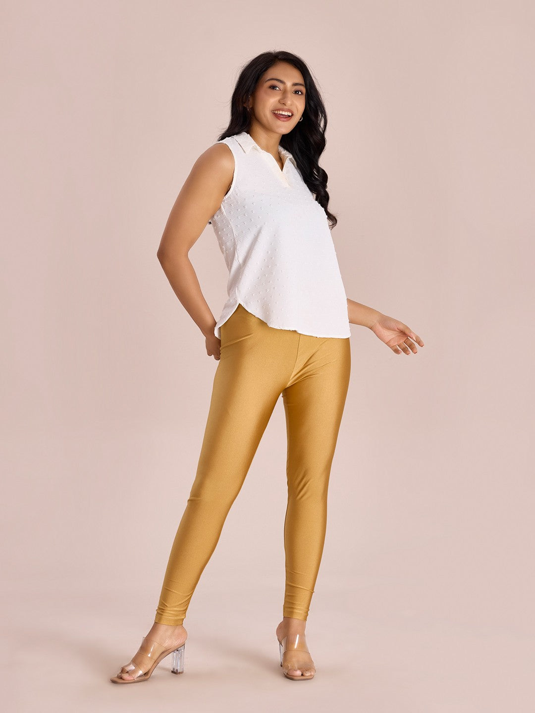 Gold Shimmer Ankle-Length Leggings – Slim Fit – Slip-On – Fabforever