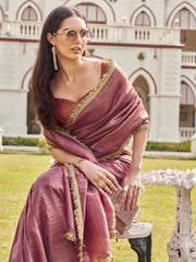 Pink & Gold Sequinned Organza Saree – Embroidered Border – Brocade Blouse Piece