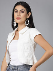 White Cotton Crop Denim Shrug – Open Front – Short Sleeves