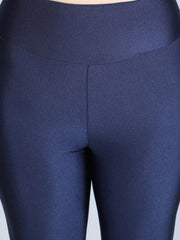 Navy Blue Slim-Fit Shimmer Nylon Leggings – High Waist – Solid