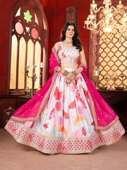 White & Pink Sequinned Embroidered Lehenga – Square Neck – Dupatta Included