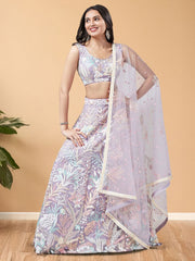 Lavender & Pink Embroidered Net Lehenga – Sequinned – Semi-Stitched with Dupatta