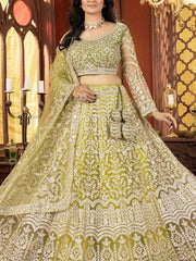 Lime Green Floral Embroidered Net Lehenga – Sequinned – Unstitched with Dupatta