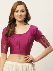 Purple Woven Brocade Saree Blouse – Round Neck – Front Closure