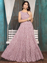 Mauve Floral Print Georgette Maxi Dress – Round Neck – Gathered Detail