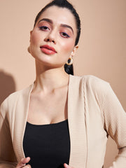 Beige Ribbed Longline Shrug – Open Front – Long Sleeves