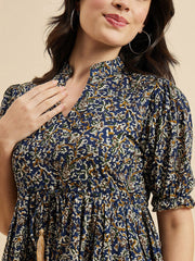Blue Floral Printed Cotton Peplum Top – Mandarin Collar – Puff Sleeves